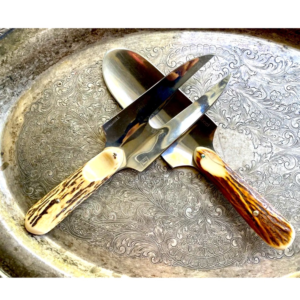 Rare vintage GUCCI Stainless And Bone Handle Service Serving Pieces Barware GG